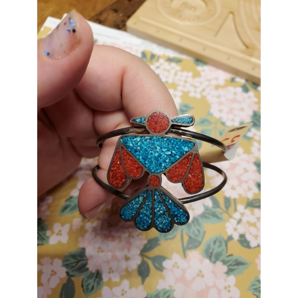 Vintage Navajo Sterling Silver Thunderbird Cuff Bracelet - Turquoise & Coral Chi